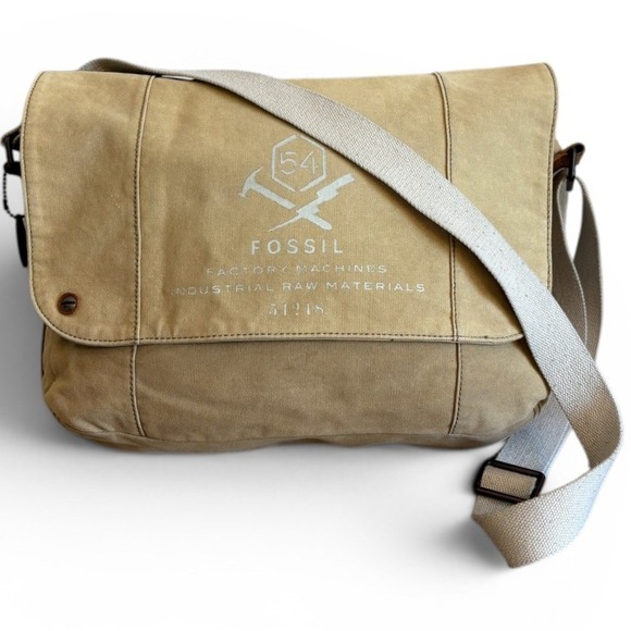 Fossil Other - Fossil 54 Factory Machines Large Messenger Bag Khaki Canvas Leather Crossbody